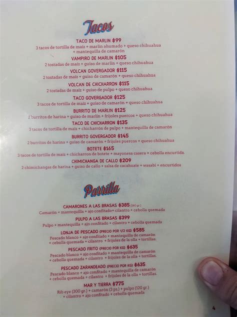 Menu at Mariscos Don Vergas restaurant, Guadalajara